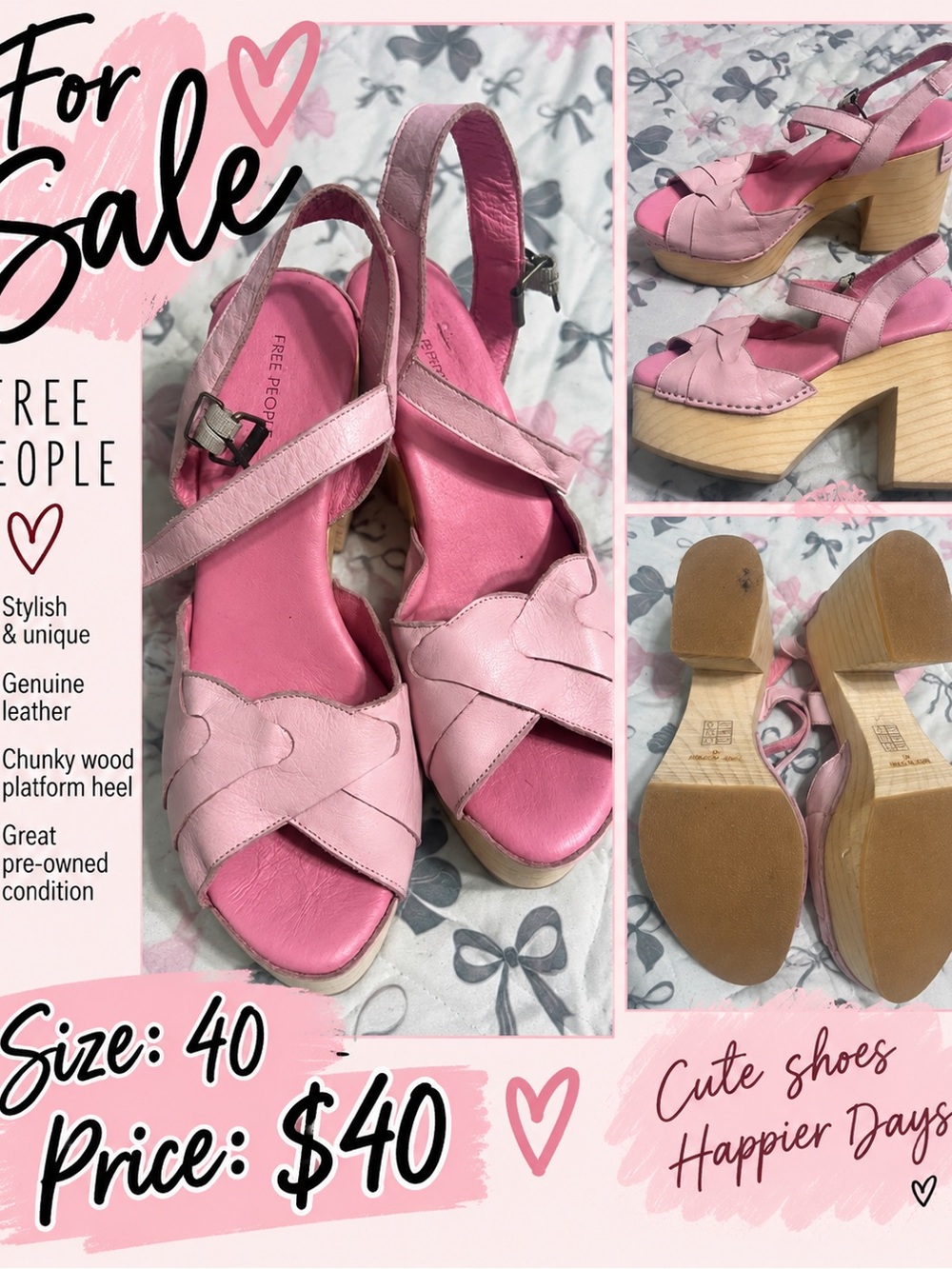 Free People Pink Leather Platform Slingback Sandals